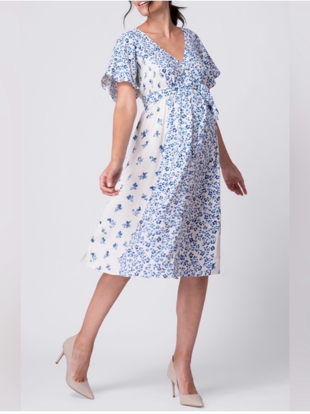 Seraphine maternity dress with Blue Floral Print - perfect for bump photos